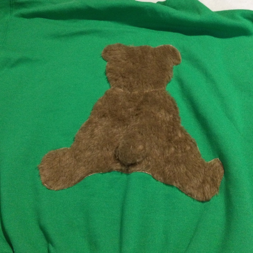 Vintage Jerzees Teddy Bear Crewneck Sweatshirt Green Fuzzy Applique 3D size L - Picture 2 of 7